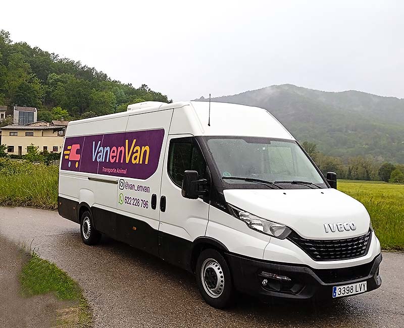 Furgoneta de transporte de animales vivos por una carretera de montaña.